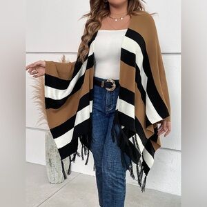 SHEIN LUNE Plus Striped Pattern Fringe Hem Cardigan